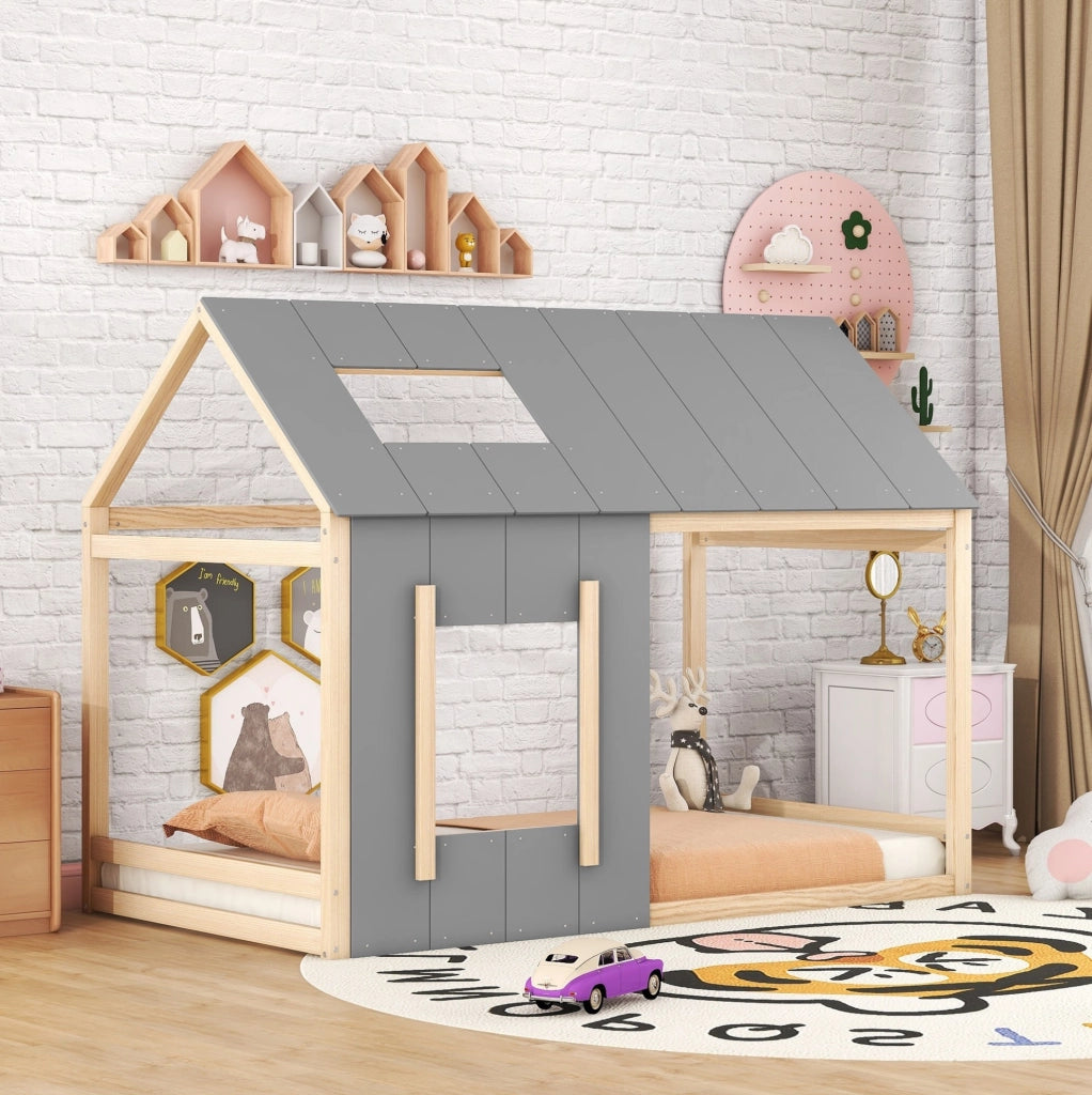 Letto per bambini 90x200 cm a casetta; legno; colore naturale
