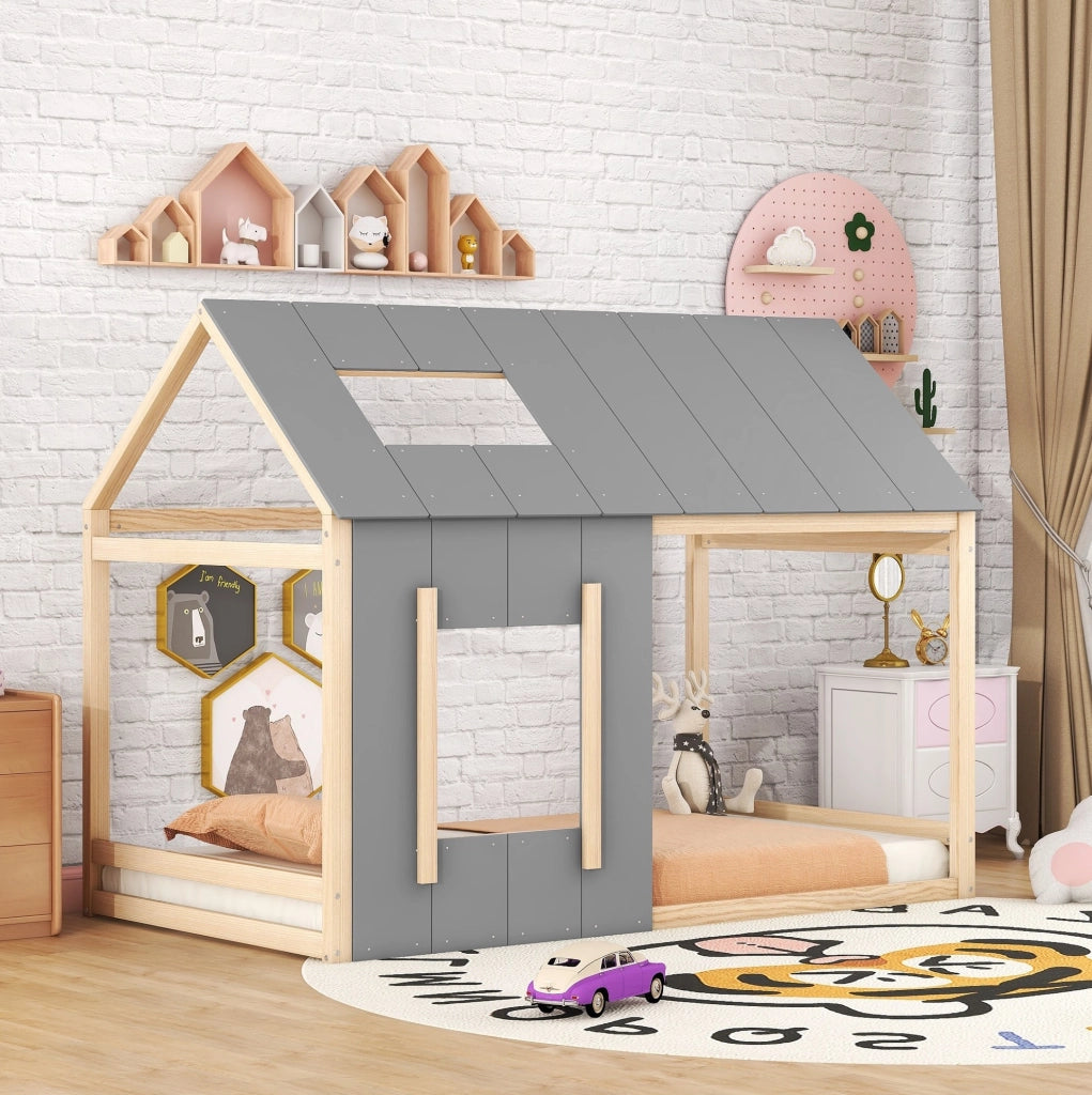 Letto per bambini 90x200 cm a casetta; legno; colore naturale