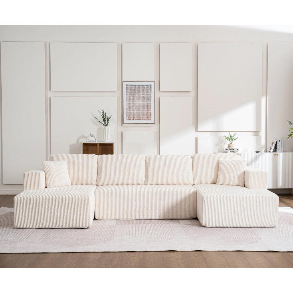 Divano panoramico a U modulare senza montaggio con 6 cuscini in velluto a coste bianco 332 × 156 × 88 cm