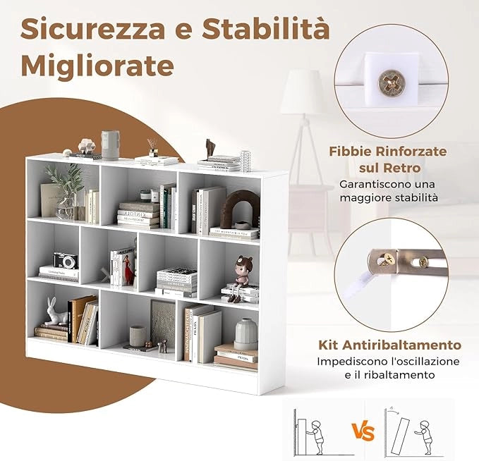 COSTWAT Libreria a 10 Cubi, Organizzatore di Stoccaggio a 3 Ripiani con 2 Kit Anti-Ribaltamento, Scaffale Multiuso in Legno per Soggiorno Camera da Letto Ufficio, 140x24x104 cm (Bianco)