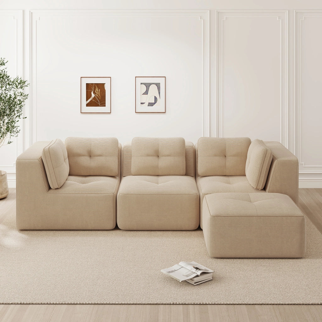 Divano angolare modulare componibile senza montaggio con seduta profonda e braccioli larghi in velluto a coste beige