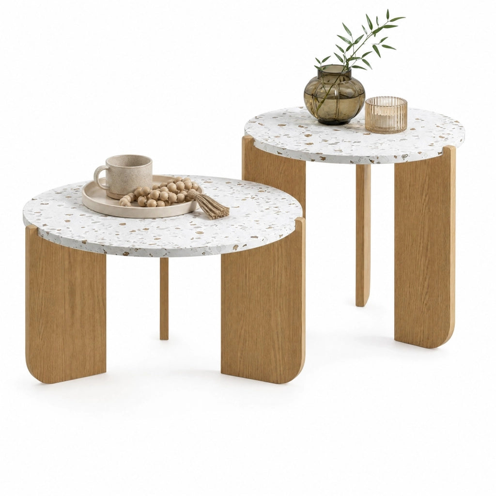TAVOLINO Set da 2 pezzi 70x70x35 cm + 50x50x45,5 cm MDF Bianco e legno