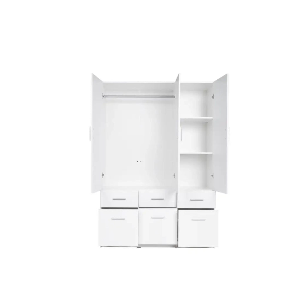 Armadio FLEX – 3 porte e 6 cassetti – Bianco lucido – Guardaroba + scaffali
