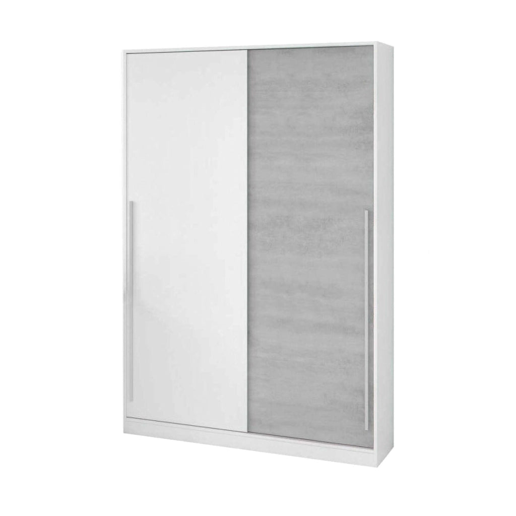 Guardaroba Aristode, Armadio per camera da letto a 2 ante scorrevoli, Mobile con barra appendiabiti e 3 ripiani, cm 120x50h200, Cemento e Bianco