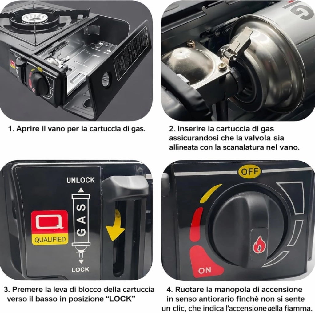 Fornello da Campeggio a Gas Portatile All-in-One con Valigetta Rigida per il Trasporto, Ideale per Campeggio, Picnic e Outdoor, Senza Cartuccia di Gas.