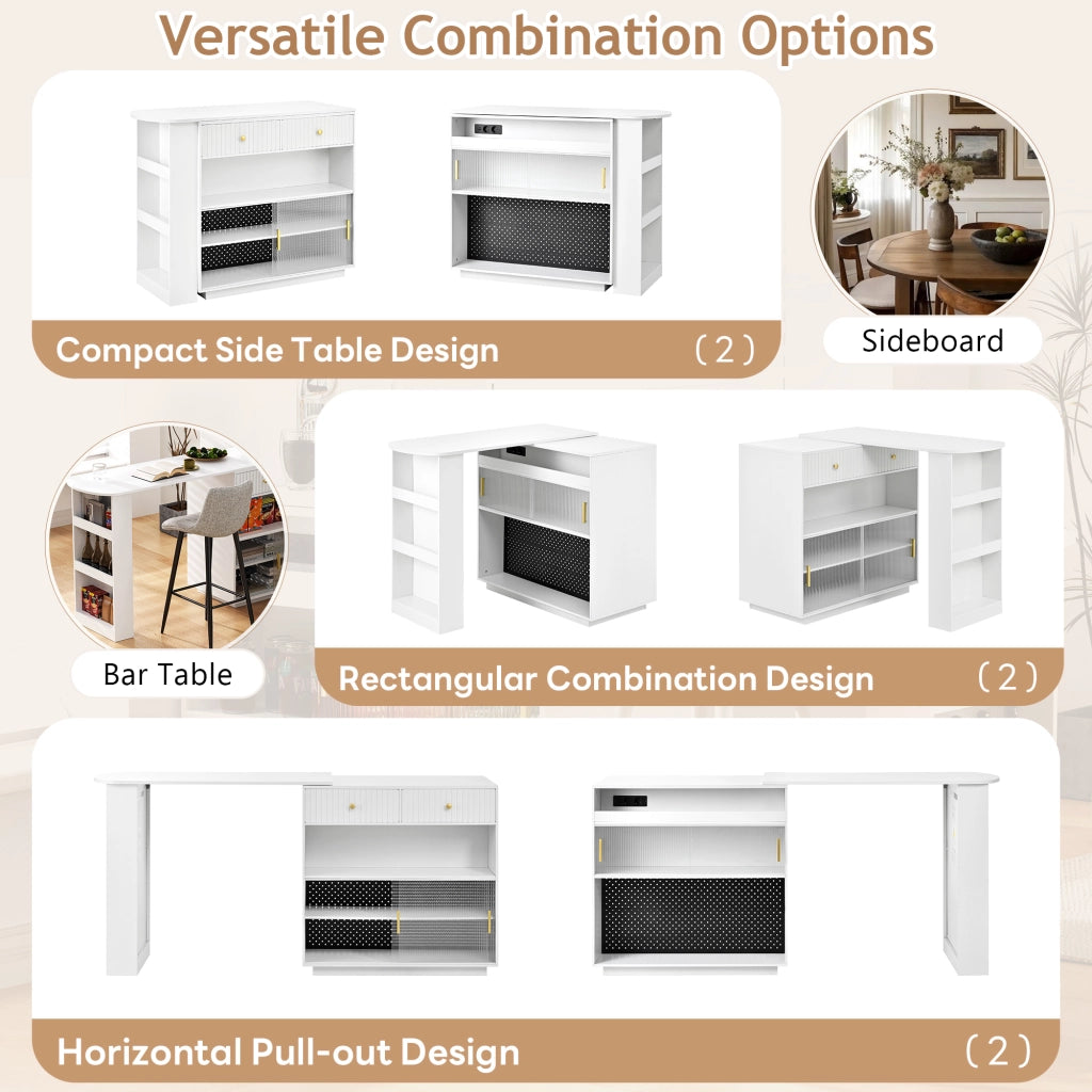 Mobile Bar Estensibile e Girevole con Vani Contenitori; LED e Porte USB e Type C per Cucina; MDF; Bianco; 120 x 50 x 95;5 cm