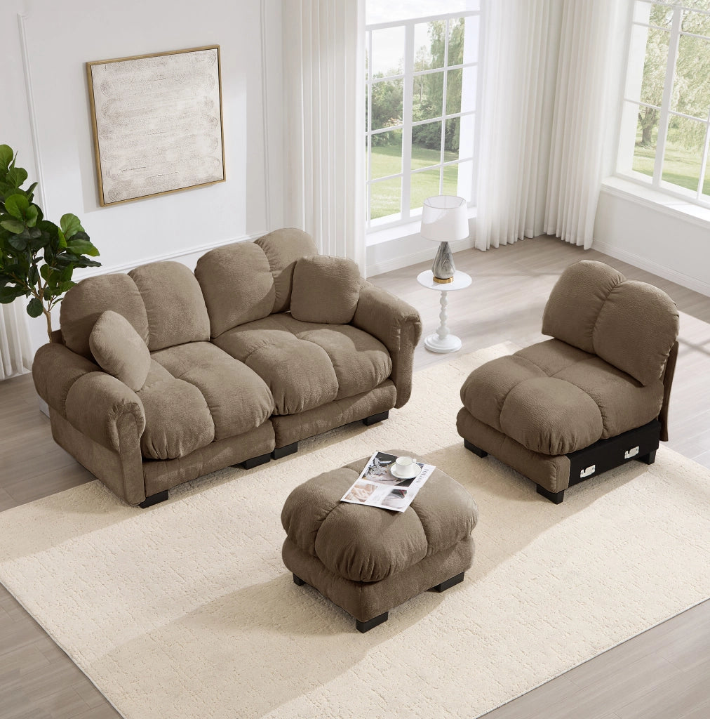 Divano angolare a 3 posti con pouf mobile 260x149x90 cm in chenille marrone