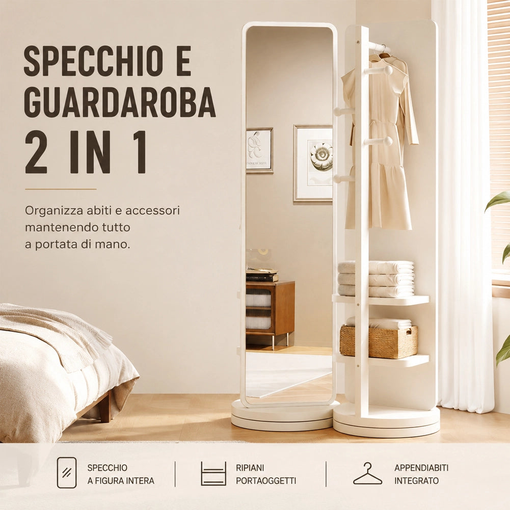 Specchio Rotante Struttura Bianca in Legno e Appendiabiti Attaccapanni 170x45cm