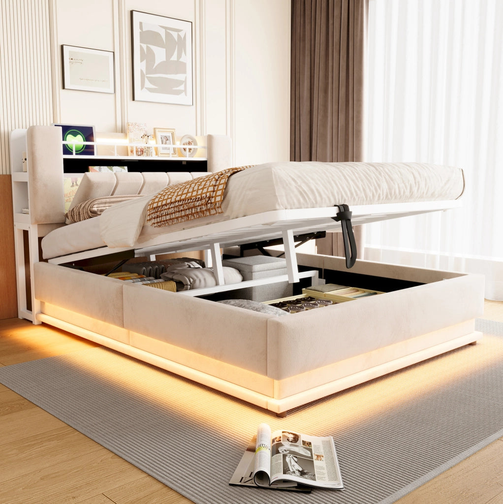 Letto imbottito 140x200 cm con LED; porte USB e vano contenitore idraulico; velluto beige