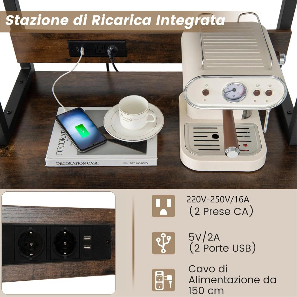 Mobile Bar Vino, Portabottiglie Industriale con 4 Ripiani, Porta Calici, Porte USB e Prese, con Struttura in Metallo Robusto, 75,5 x 48 x 163 cm