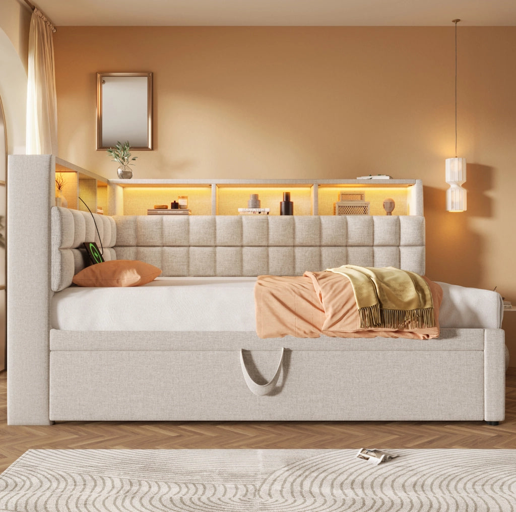 Letto singolo estraibile 90x200 beige con LED, USB-C e Bluetooth