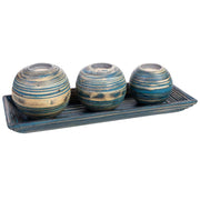 Set vassoio e 3 portacandele in legno di bambù blu 33x13x3h cm