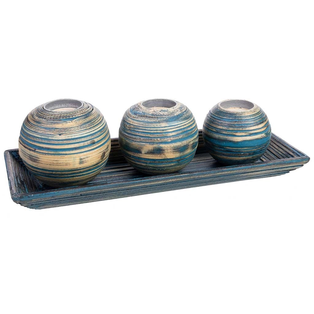 Set vassoio e 3 portacandele in legno di bambù blu 33x13x3h cm