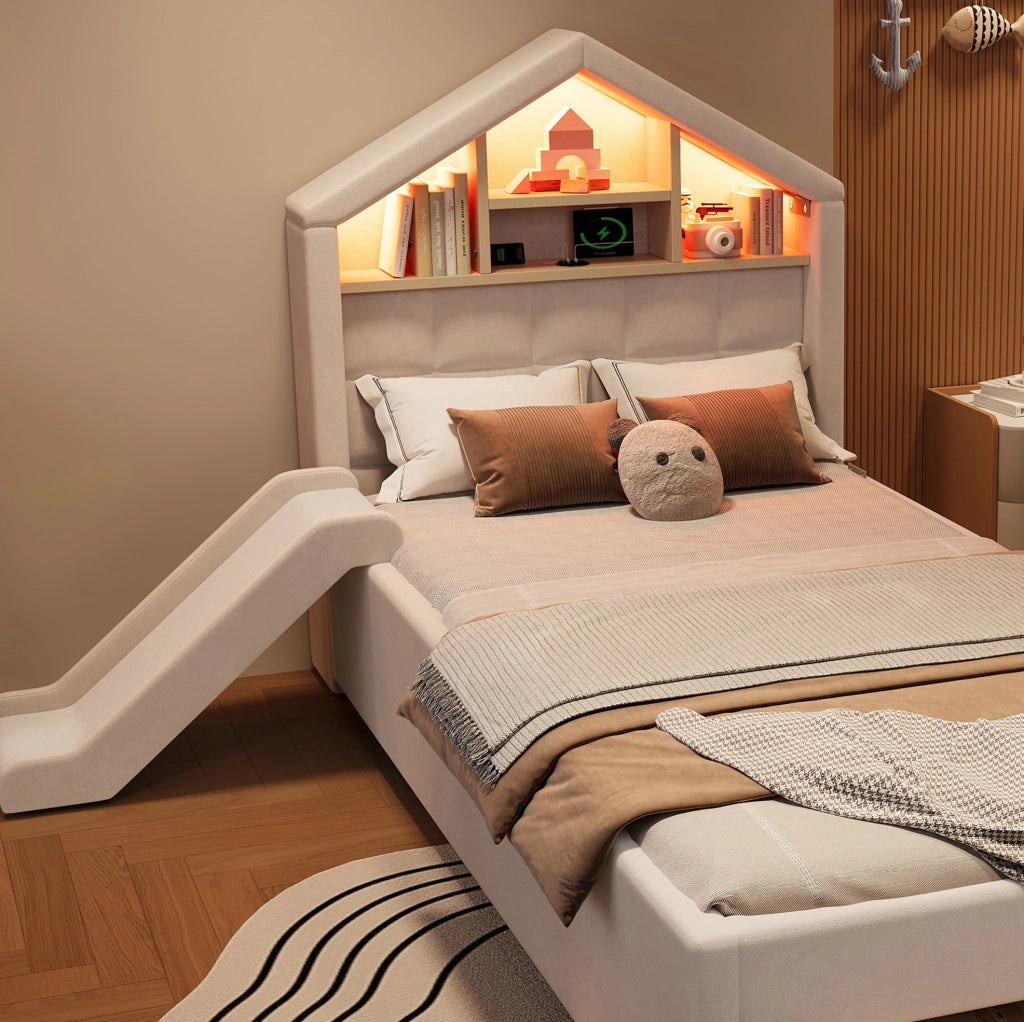 LETTO Bambini Imbottito 90x200 cm Beige con Scivolo, LED e Porta di Ricarica