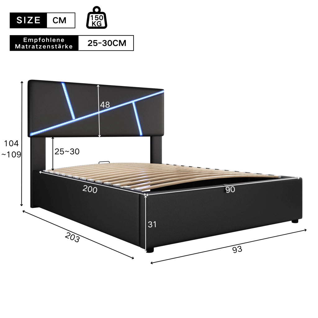 Comfort Double Bed 90x200cm con strisce LED; funzione idraulica e in finta pelle nera