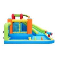 Castello gonfiabile con soffiatore, zona acquatica, canestro da basket e parete da arrampicata, 410x315x203 cm, Blu