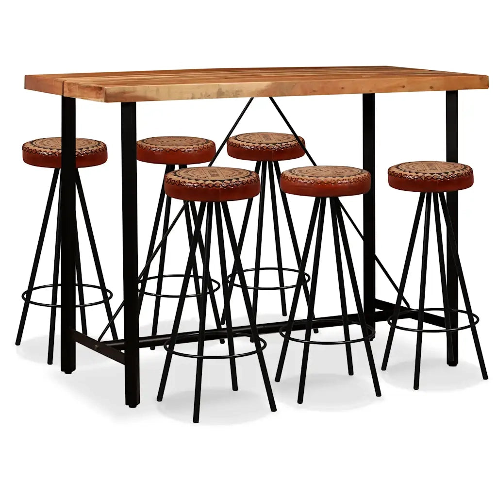 Set da Bar 7 pz in Legno Massello di Acacia Vera Pelle e Tela cod mxl 8943