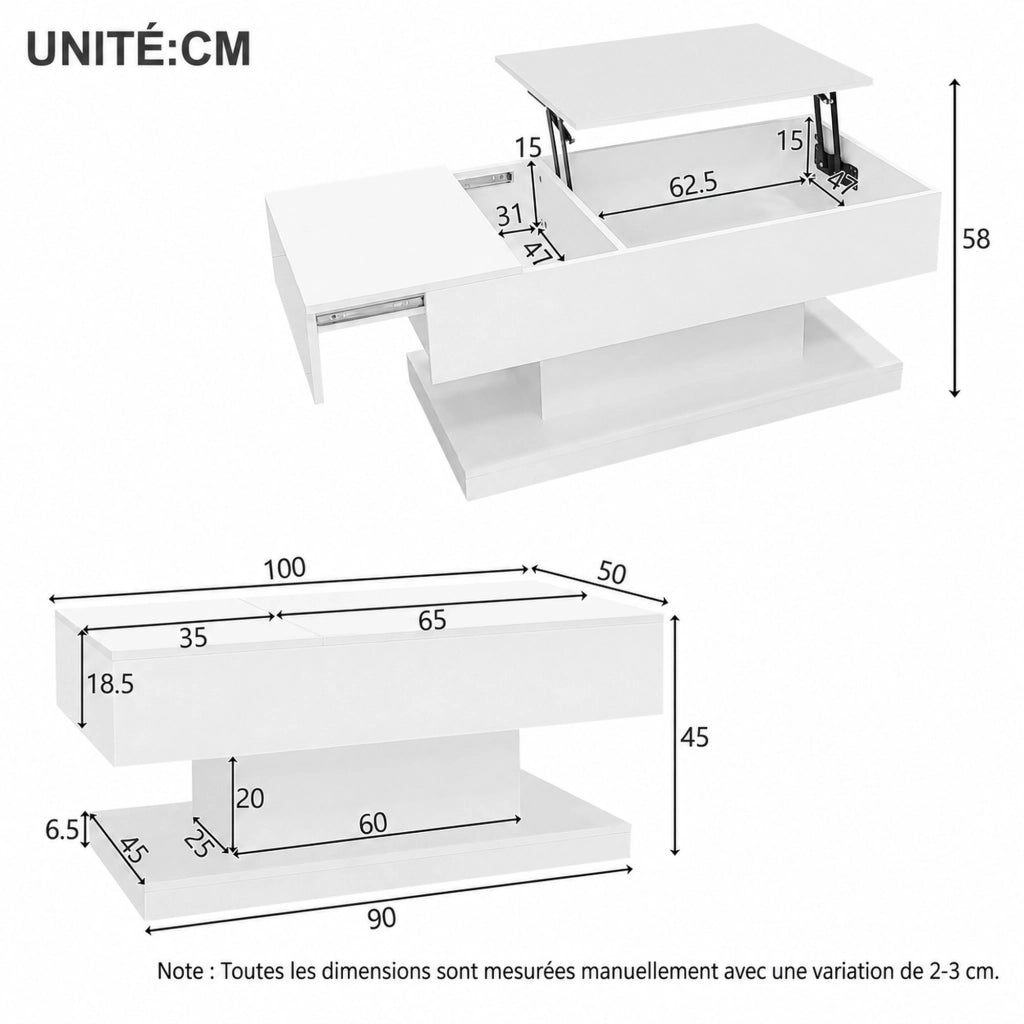 TAVOLO da caffè 100x50x45 cm bianco in pannello di legno con LED e sollevamento idraulico