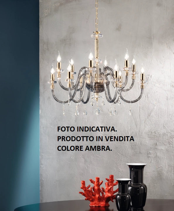 LAMPADARIO DIDO 12 LUCI AMBRA E ORO ATTACCO E14 D.83CM
