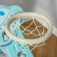 Scivolo per Bambini da 18 Mesi Pieghevole con 3 Scalini e Canestro Basket, 140x87x75cm, Blu e Grigio