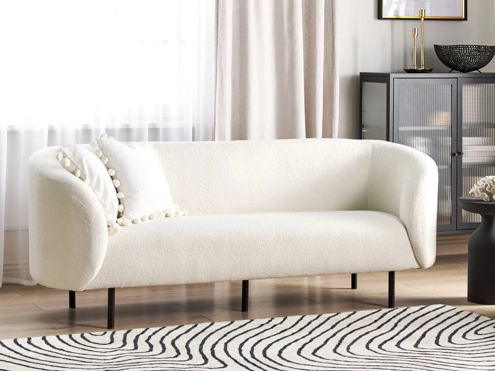 Divano 3 posti in tessuto bouclè bianco e nero con gambe nere stile glamour retrò soggiorno