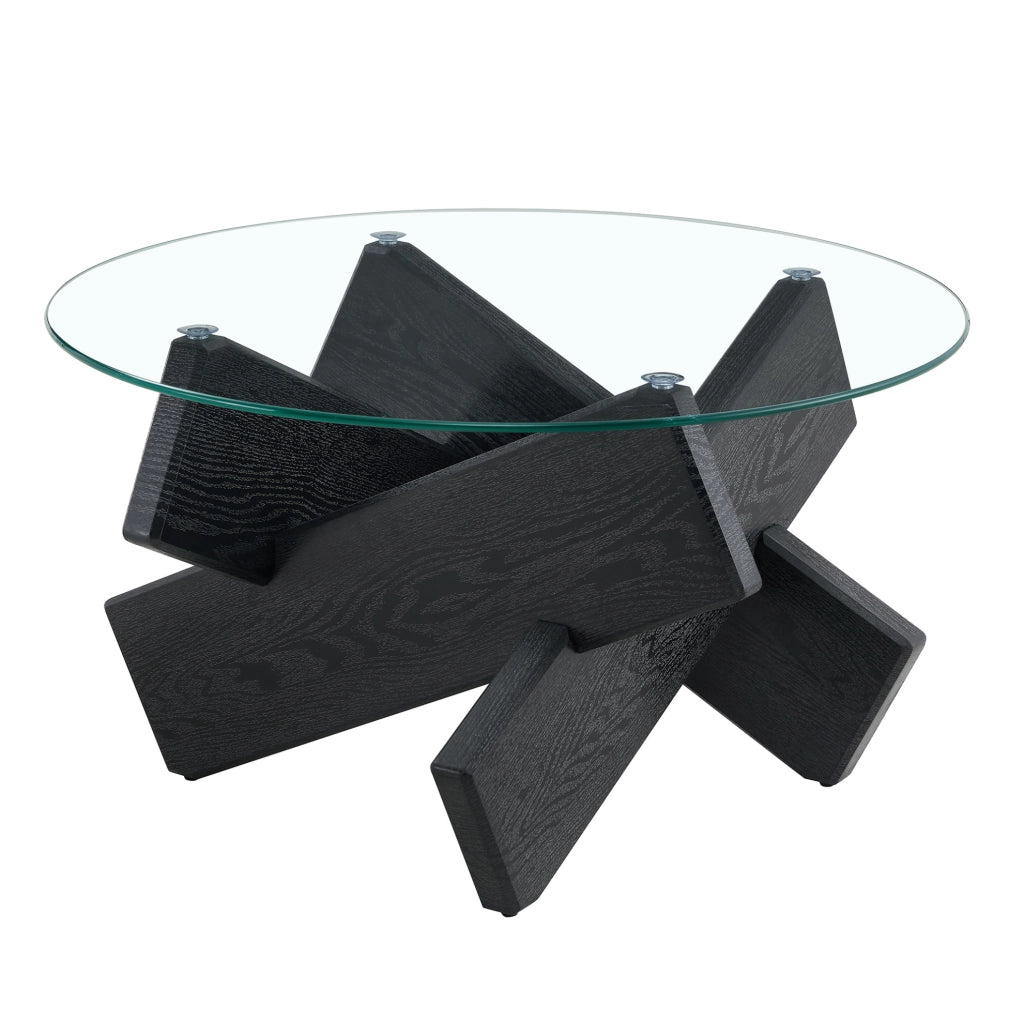 Tavolino rotondo in MDF e vetro con base a croce 79 cm nero effetto legno