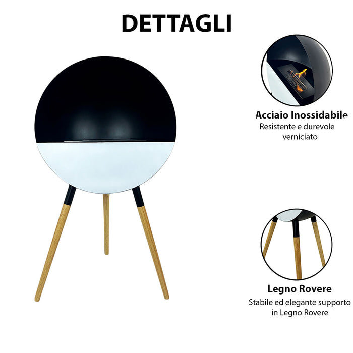 Camino a Bioetanolo da Terra Jupiter Serbatoio 850 ml in Acciaio Verniciato Nero e Rovere