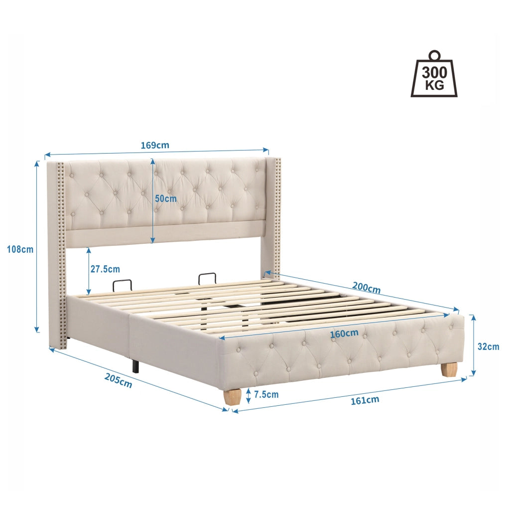 Letto imbottito 160x200 cm in lino beige con testiera; bottoni e dettagli borchiati