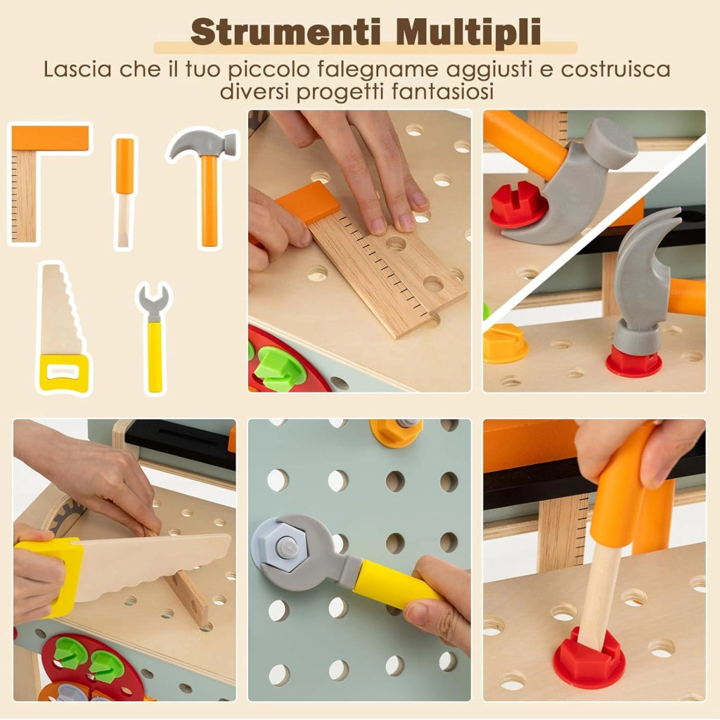 Set di Attrezzi per Bambini, Banco da Lavoro in Legno con Set di Attrezzi e Orologio Incantevole, Tavolo Realistico per Bambini e Bambine dai 3 Anni in Su