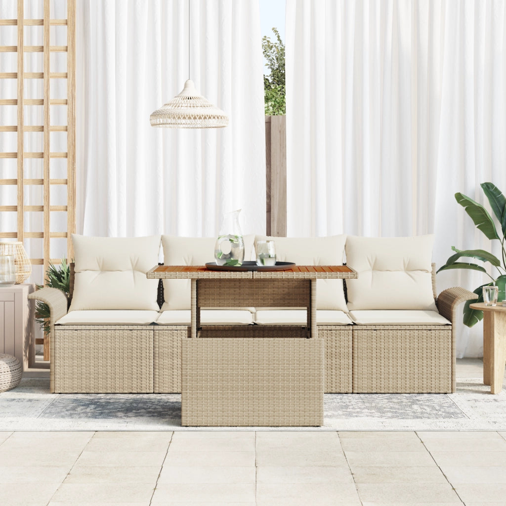 Set Divano da Giardino a 5 Pezzi con Cuscini Beige Rattan Acacia