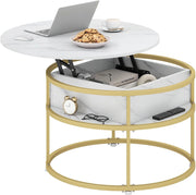 Tavolino rotondo con piano sollevabile, effetto marmo e spazio di archiviazione nascosto, 80 x 80 x 49 cm, tavolino da caffè per soggiorno, ufficio