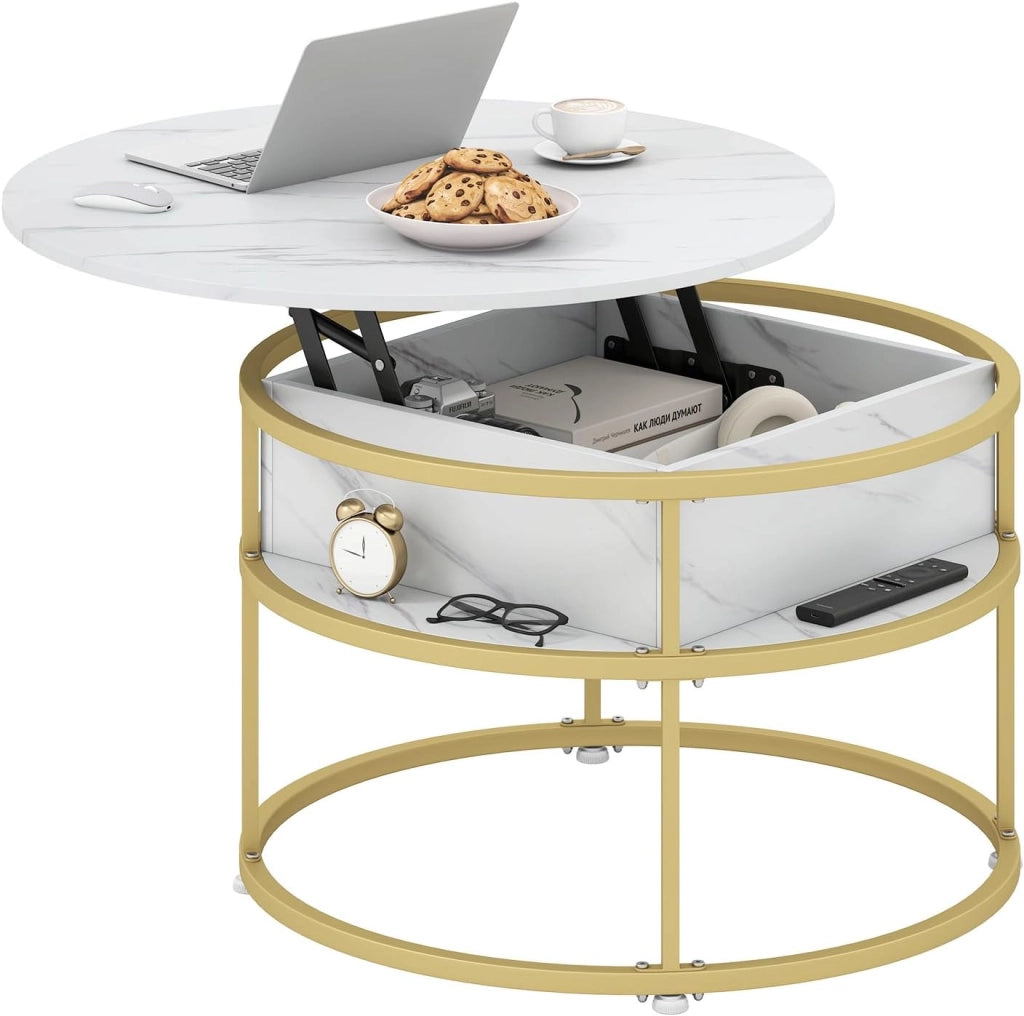 Tavolino rotondo con piano sollevabile, effetto marmo e spazio di archiviazione nascosto, 80 x 80 x 49 cm, tavolino da caffè per soggiorno, ufficio
