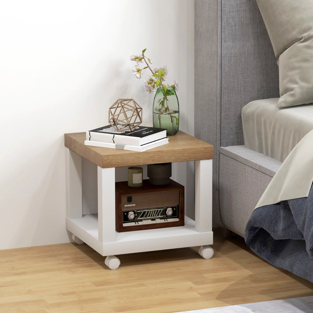 Tavolino con Ruote e Ripiano Aperto ¨C Zephmum ¨C Naturale e Bianco 40x40x40 cm