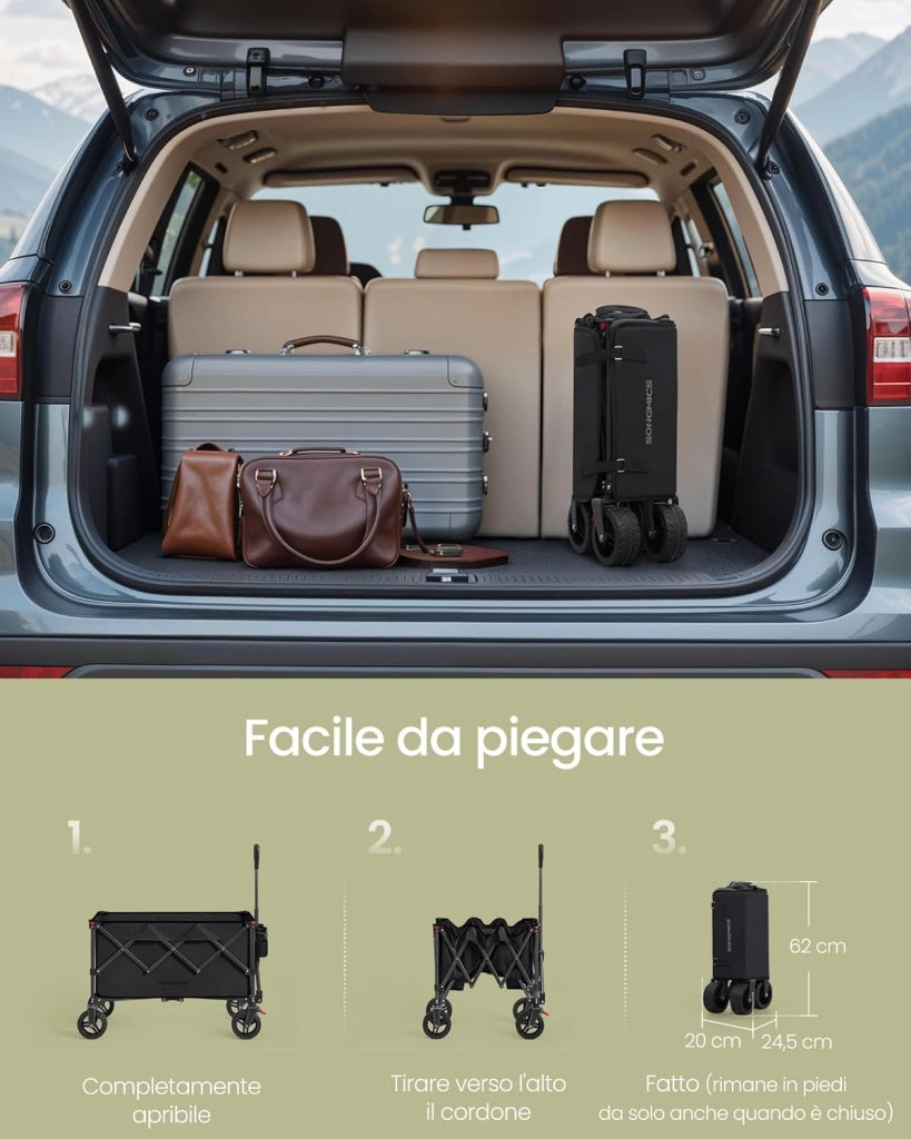 SONGMICS Carrello da Campeggio Pieghevole, Carretto, 150 L, Portante 150 kg, Carrello da Giardino, con Manico, 4 Ruote Rimovibili, Salvaspazio, per Esterni, Giardino, Nero Inchiostro GFW115B01
