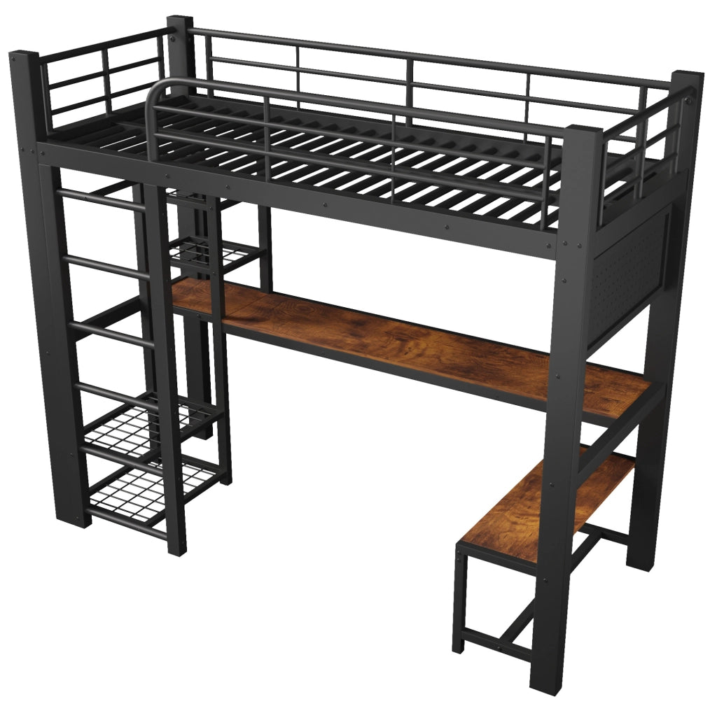 Letto a soppalco 90x200 cm con scrivania; asta appendiabiti; pannello forato; metallo nero