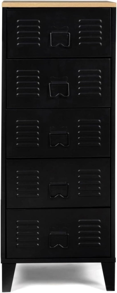 Cassettiera ESTER a 5 cassetti, 40 cm, metallo nero e piano in faggio in stile industriale