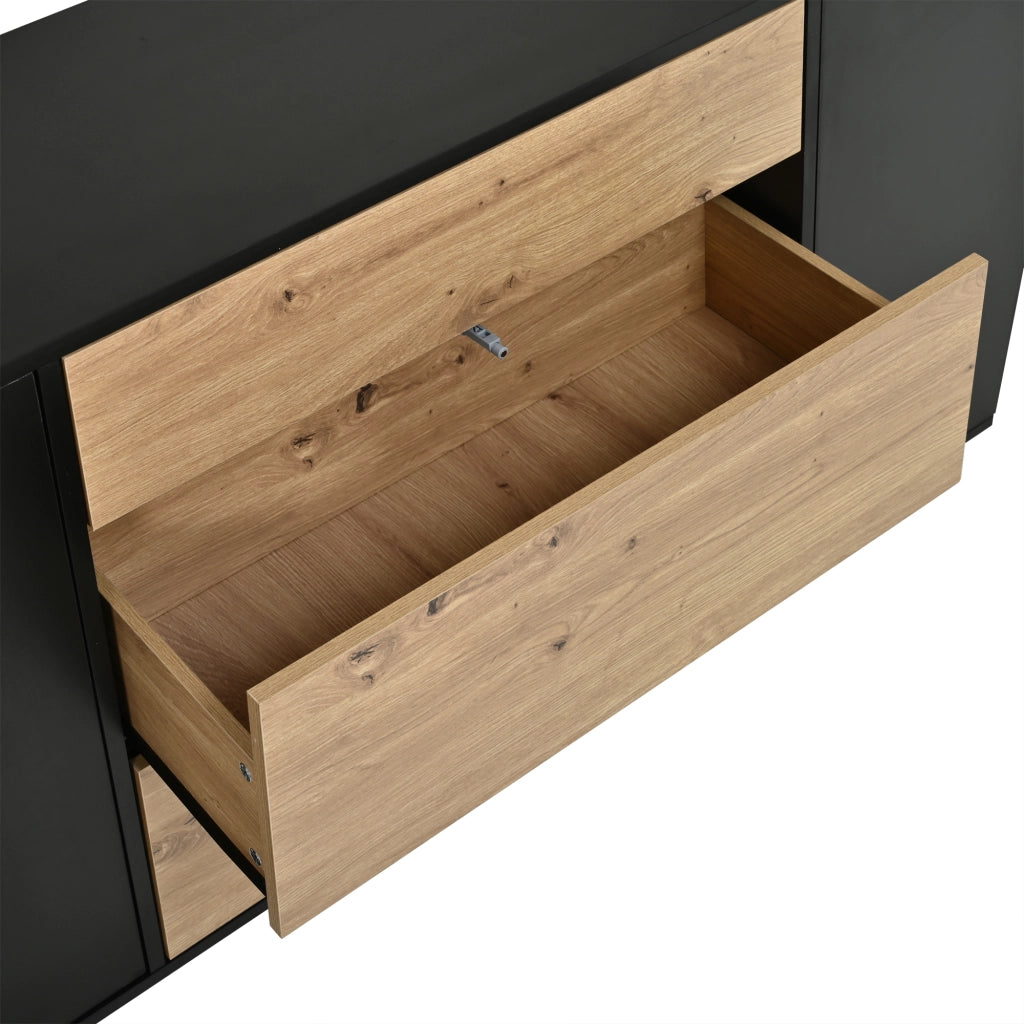 Credenza moderna 140 cm mobile buffet nero e legno con cassetti e ante