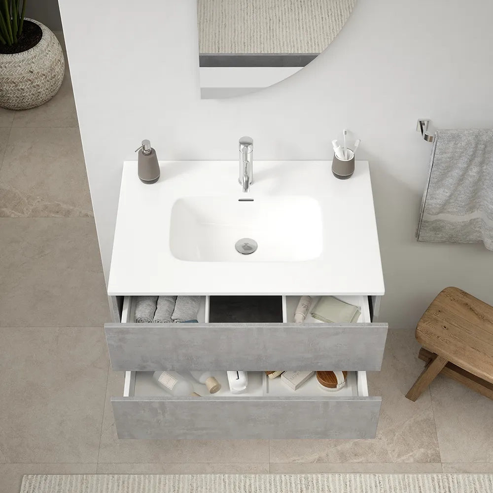 Mobile da bagno sospeso 90 cm effetto cemento chiaro con lavabo | Yili