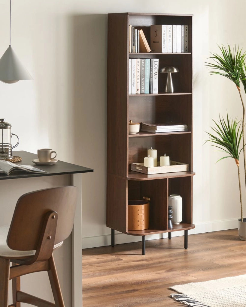 Libreria a 5 ripiani in MDF, impiallacciatura di carta, truciolato e ferro laminato, colore marrone scuro
