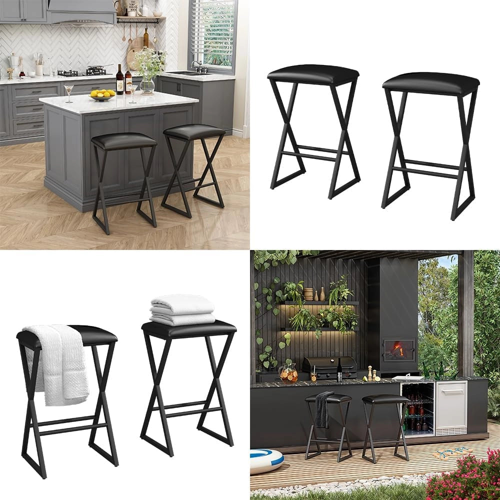 Set di 2 sgabelli da bar Vault, Nero, 40 x 64 cm 2 parti, con poggiapiedi e gambe in metallo verniciato a polvere