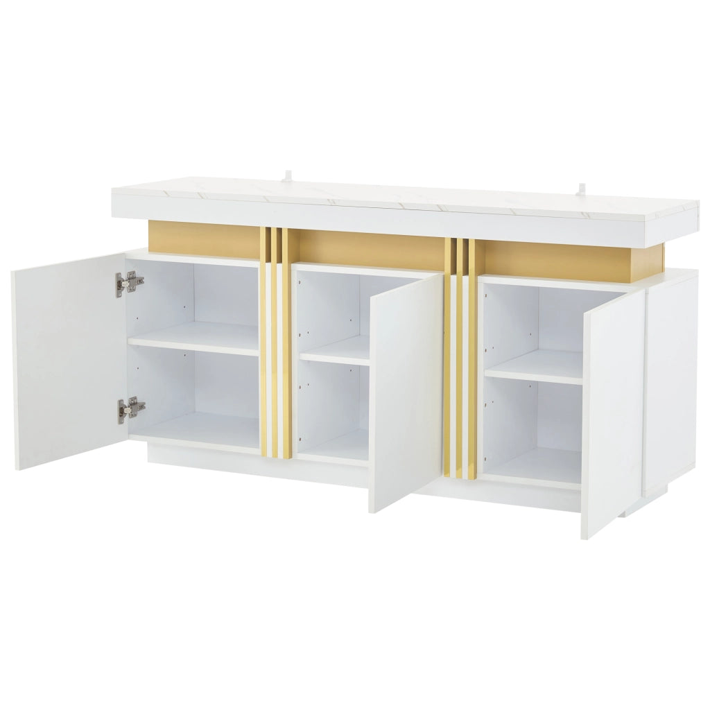 Credenza con 3 Ante e 6 Scomparti; Ripiani Regolabili; Effetto Marmo; in Pannello di Particelle; Bianco; 140??38??70 cm