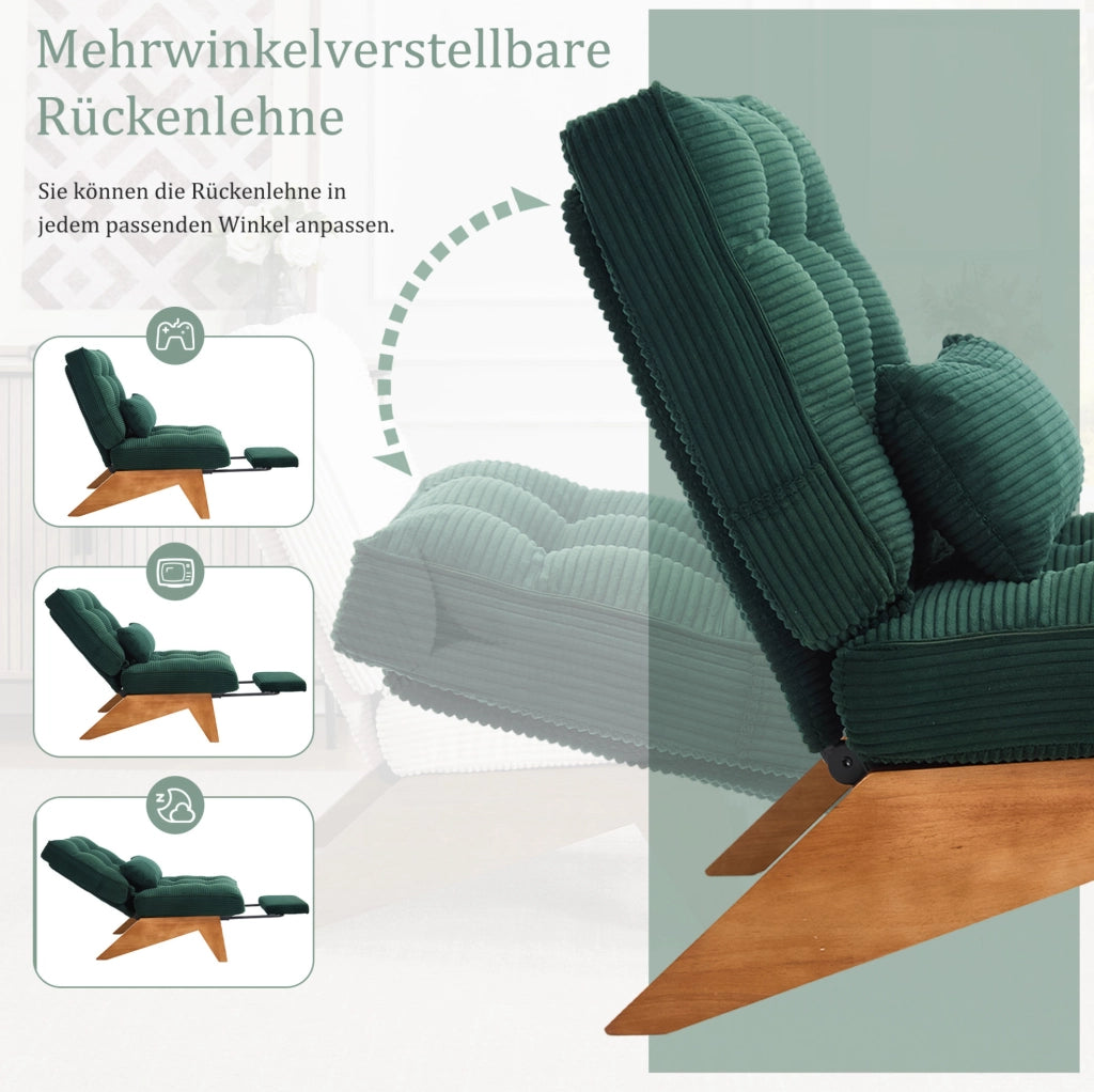 Poltrona reclinabile in corduroy verde smeraldo con cuscino lombare; 127x73x90 cm
