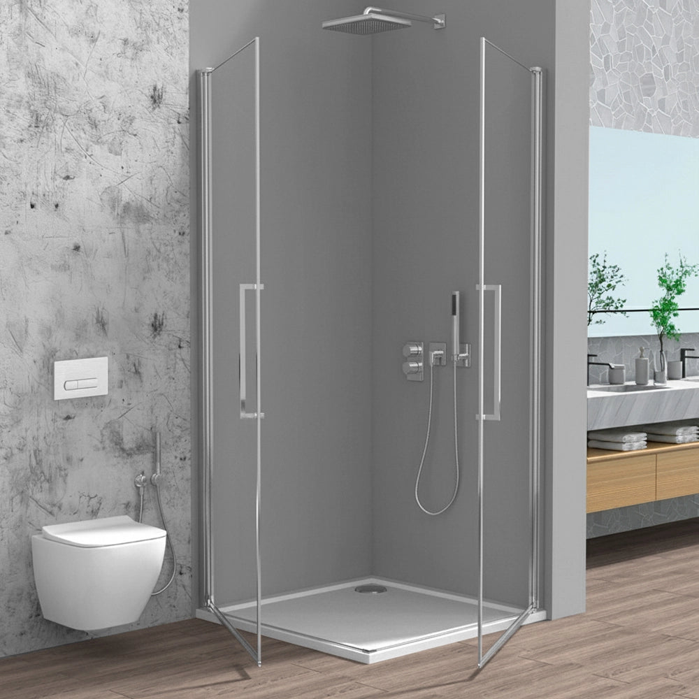 Box doccia angolare 80x80 in vetro temperato doppio battente con profili cromo Neos