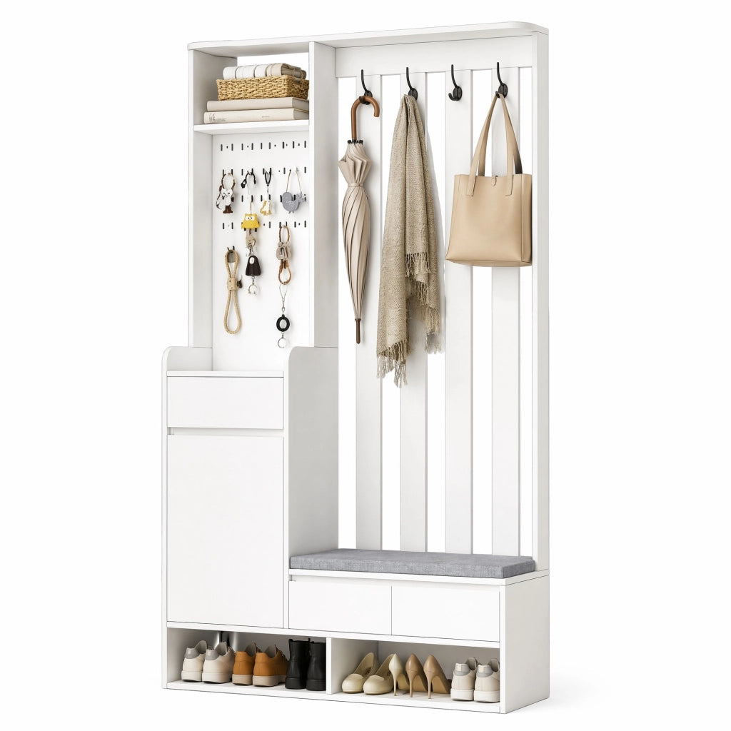 Mobile ingresso multifunzionale in MDF bianco con panca imbottita e pannello forato