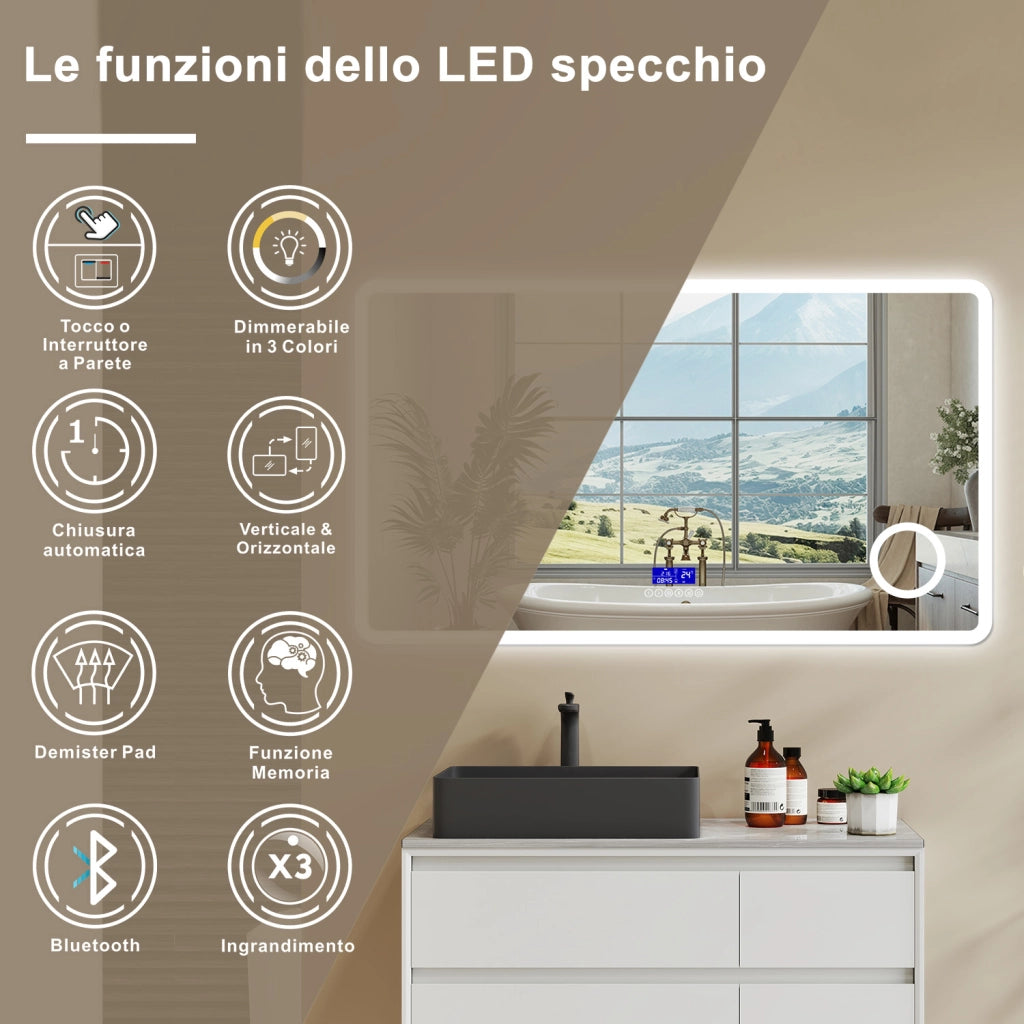 Aica Specchio da bagno bluetooth 120x70cm con antiappannamento + dimmerabile + 3 colori + ingrandimento 3X