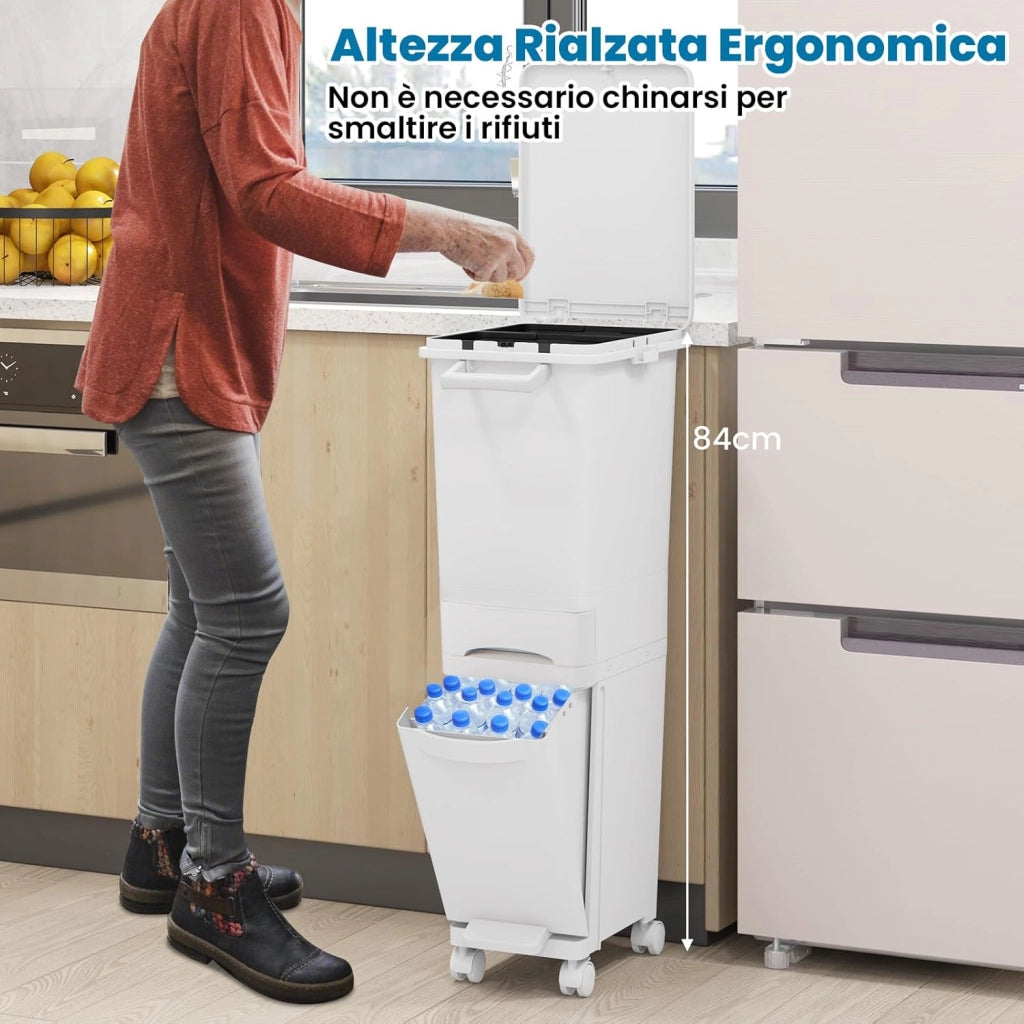 3 in 1 Pattumiera 32L, Cestino per Rifiuti con 2 Cassetti 2 Scomparti Superiori e Adesivi, Pattumiera in Plastica a Pedale per Cucina Sala da Pranzo Soggiorno, 40x26x84 cm (Bianco)