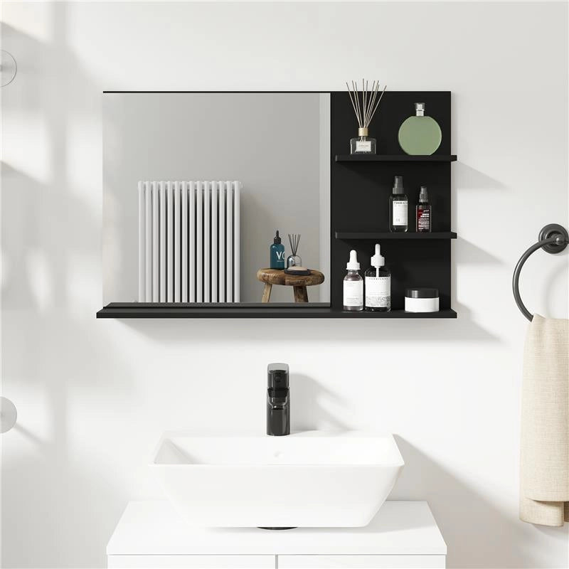 SPECCHIO BAGNO MODERNO CON 2 RIPIANI LATERALI E RIPIANO INFERIORE, IN LEGNO E VETRO, 75X10X48 CM, NERO