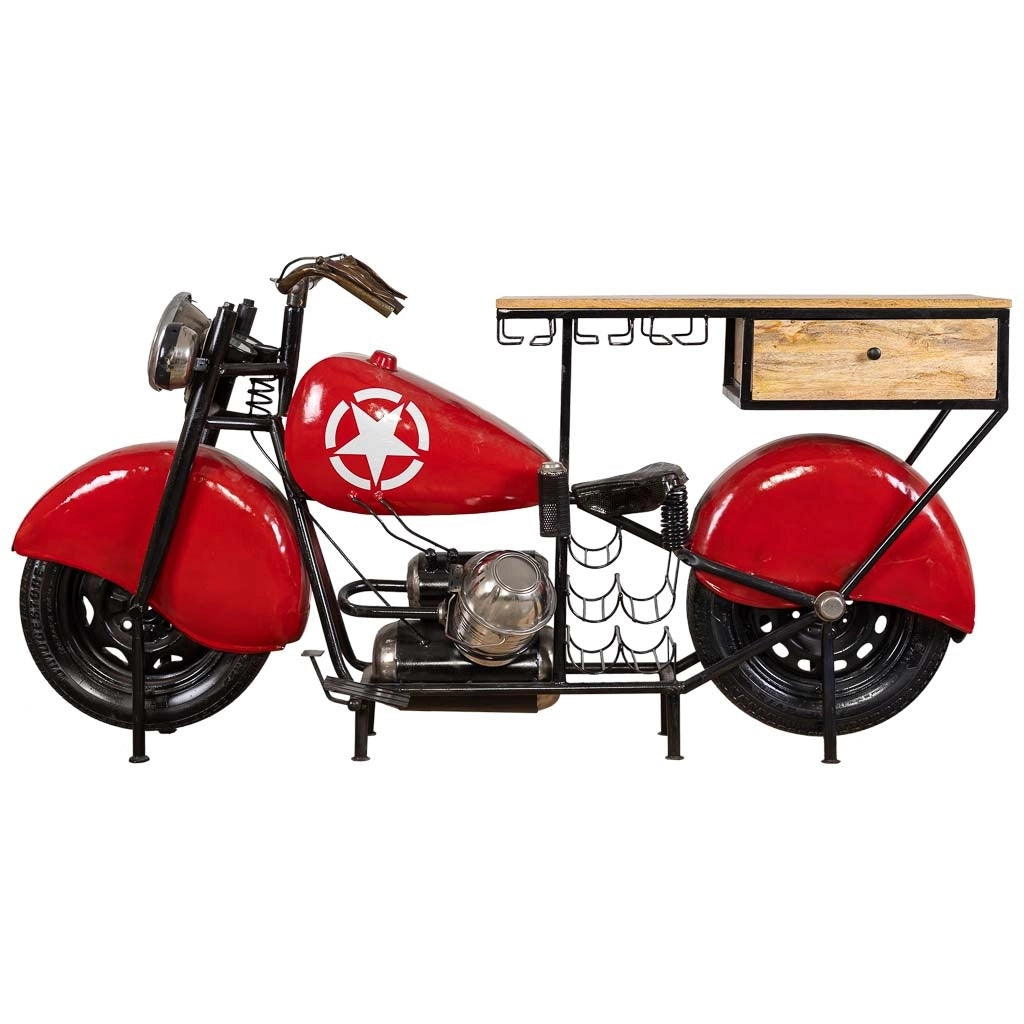 Barra portabottiglie moto in legno rosso e metallo 200x43x94h