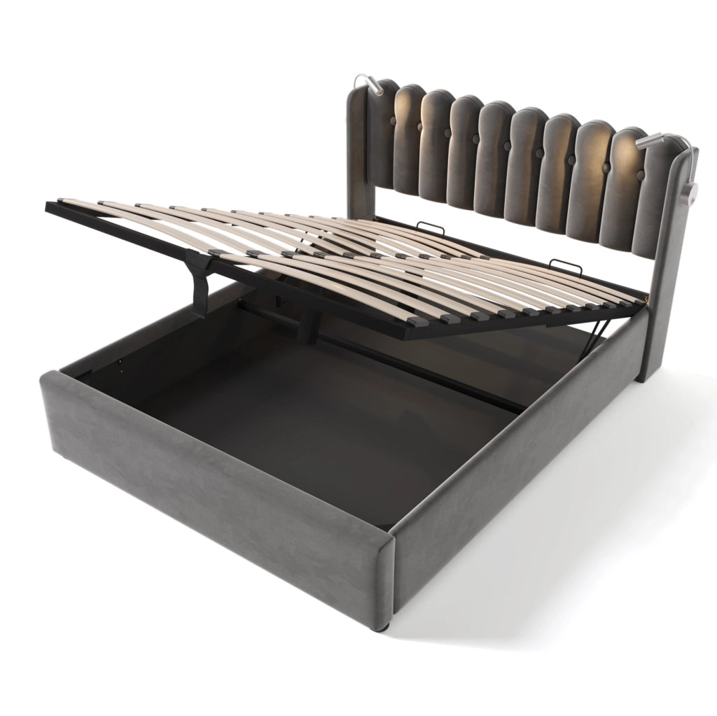 Letto imbottito 140x200 cm con contenitore; luce da lettura e USB in velluto grigio