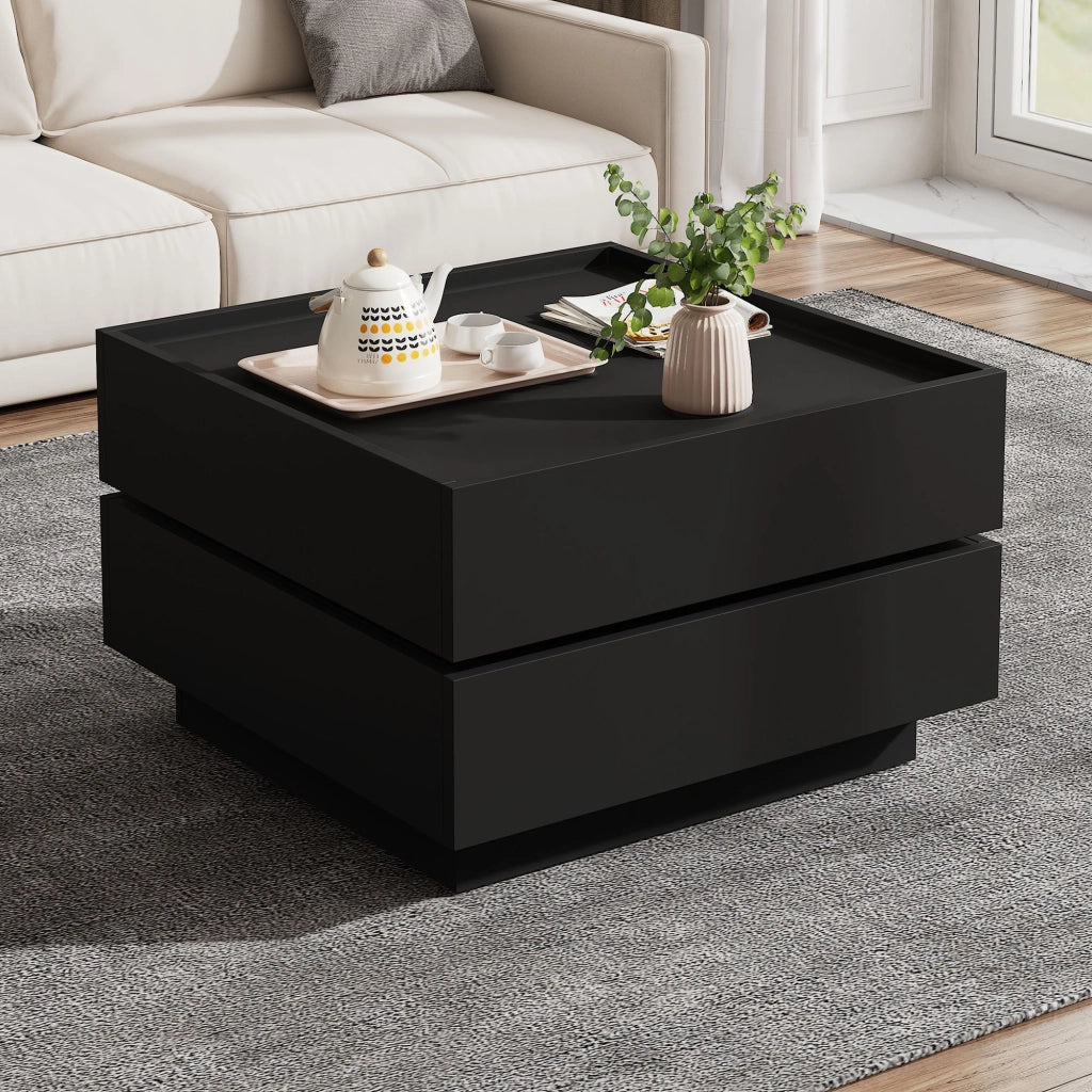 Tavolino basso girevole a 360° con 2 cassetti e bordo rialzato per soggiorno in truciolare nero 60 × 60 × 38 cm
